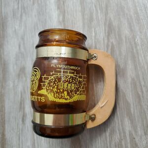 Vintage Siesta Ware Amber Brown Barrel Glass Beer Mug Wood Handle, Plymouth Mass